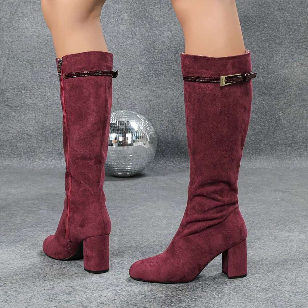 Coarse Heeled Round Toe High-Heeled Bury Side Zipper Knight Knee High Boots, And Long Boots