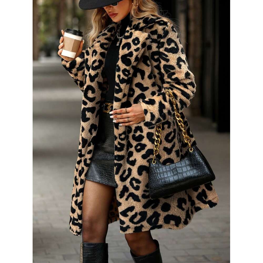 Leopard Print Coat Long Sleeve Loose Fit Jacket With Flip Collar Black Tan Animal Pattern Outerwear For Fall Winter Everyday Formal Outfits Women S
