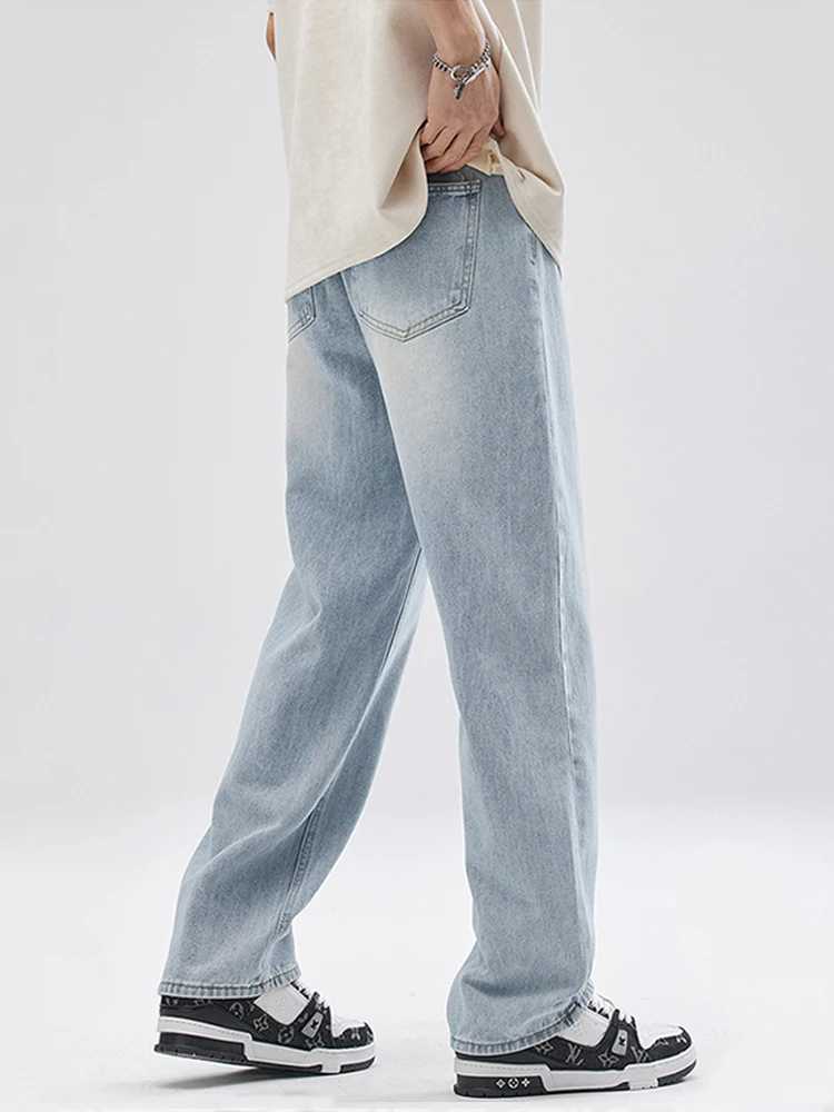 Mens Straight Jeans Korean Fashion Elastic Banded Wide Leg Blue Denim Pants Casual Baggy Jeans Trousers J251030