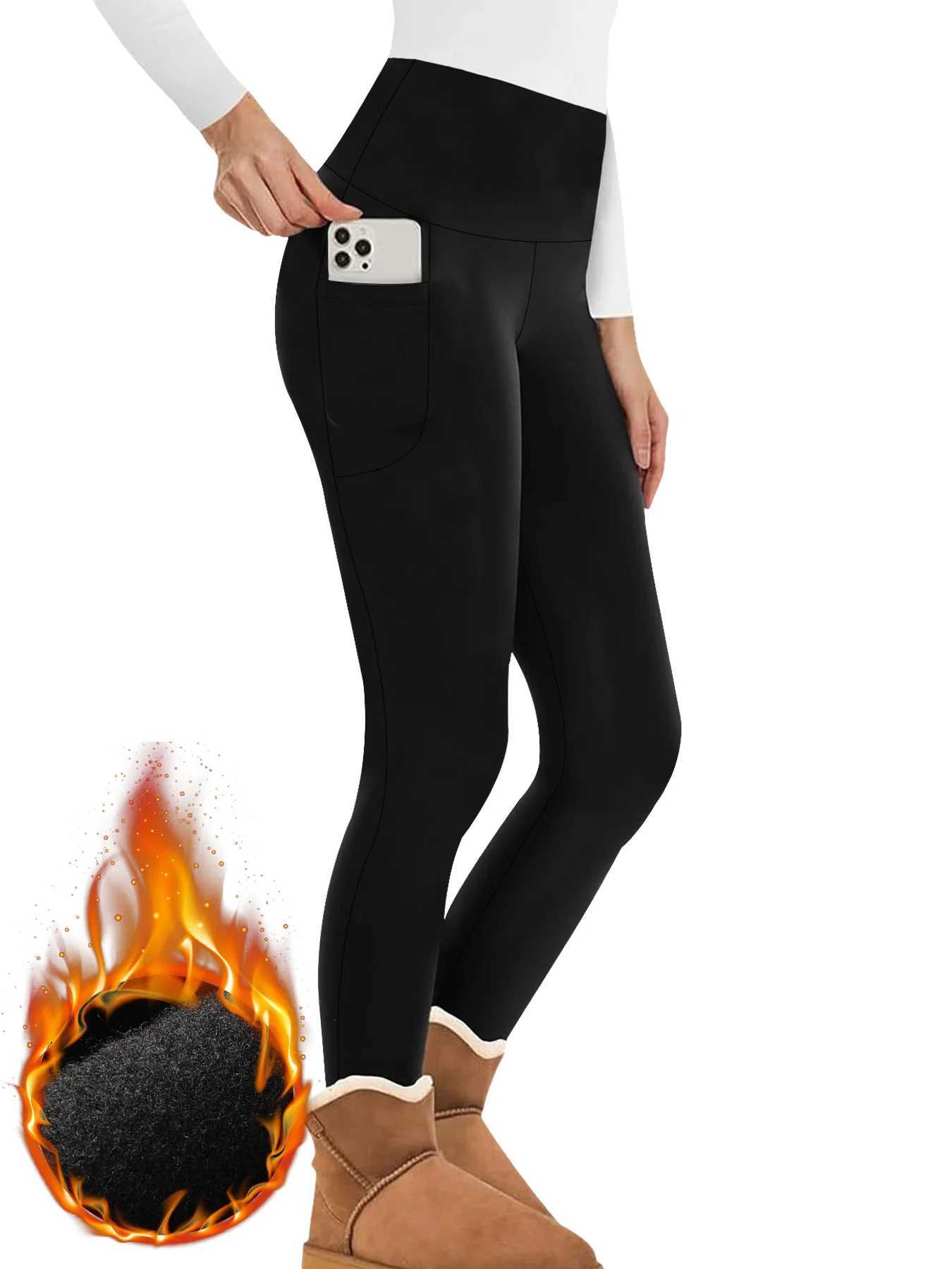 Womens Winter Thermal Leggings with Pockets High Waisted Fleece Lined Tummy Control Thick Warm Tights for Workout Running J251030