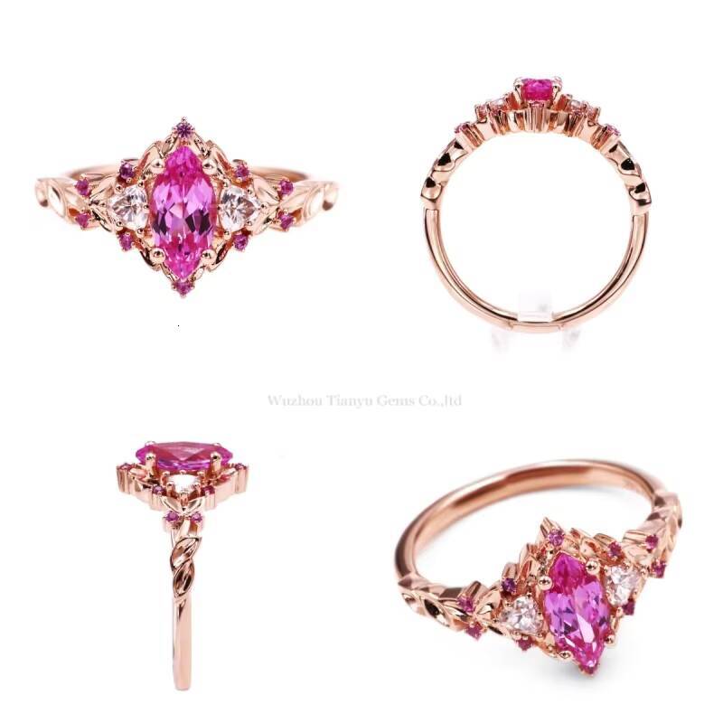Tianyu Gems Custom Made 14k Rose Gold 5X10mm 1ct Marquise Pink Sapphire and Fat Triangle Jewelry Ring