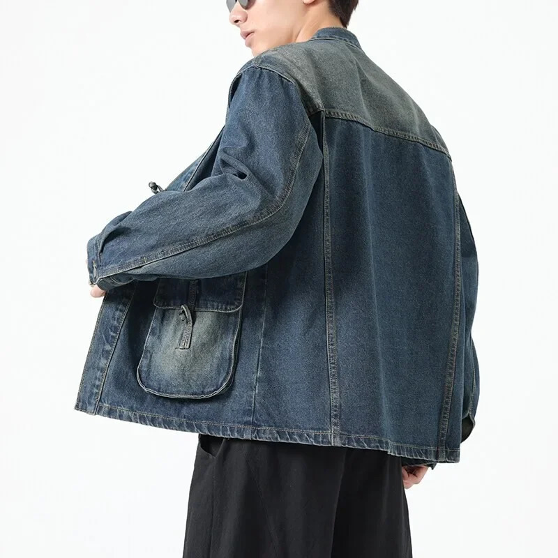 Fashion Men Denim Jacket Cotton Kimono Japanese Pocket Cardigan Coat Vintage Traditional Jackets Hip Hop Loose Outwear 251016