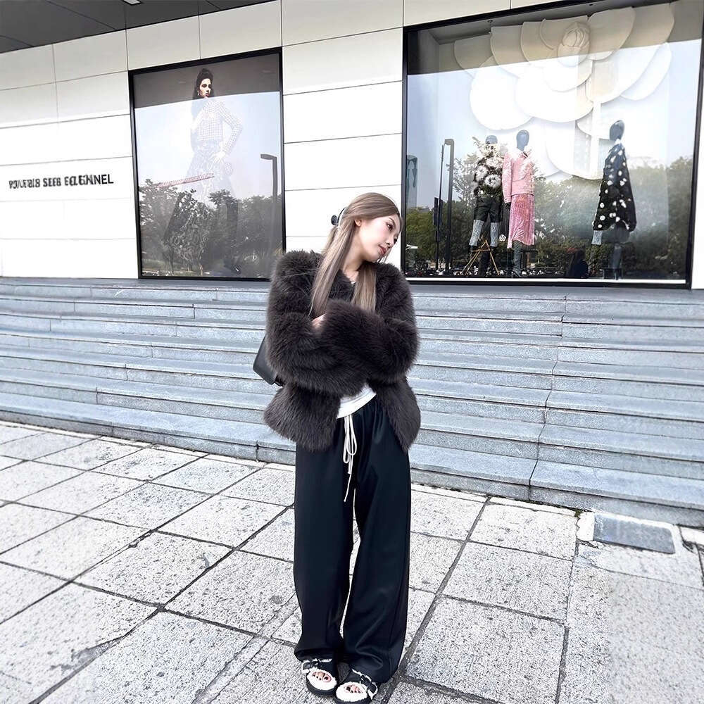 EcoFriendly Winter Autumn Faux Short Integrated Gray Fox Fur Coat for Women New Model