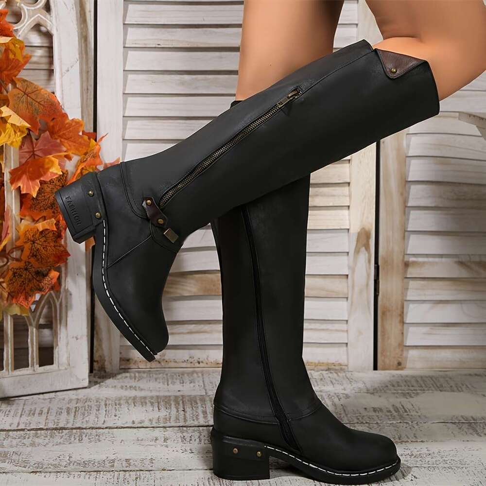 Vintage Style Women's Knee Boots With Side Zipper, Chunky High Heel, Round Toe, Solid Color, Faux Leather, TPR Sole, Casual Fall Collection