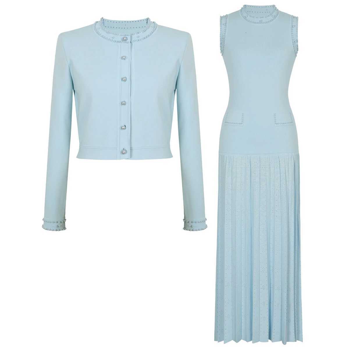 Thr Color Highquty Elastic Knitted New Fashionable Luxury Pearl Long Slved Cardigan Slveless Slim Fit Dress Women Set C251030