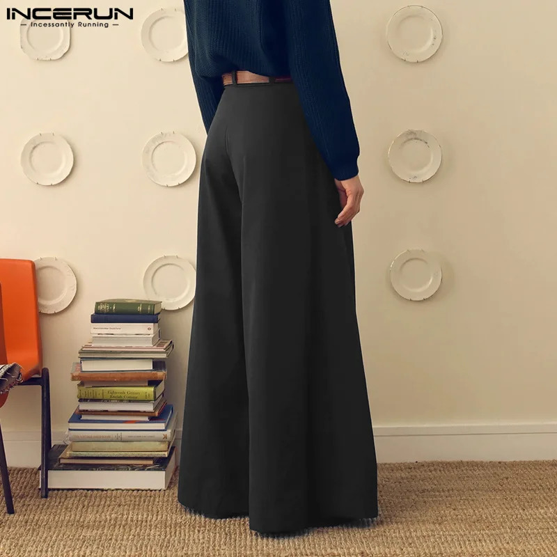 INCERUN Men Wide Leg Pants Solid Color Button Joggers Loose Pleated Casual Trousers Men Streetwear Fashion Long Pants S5XL 251028