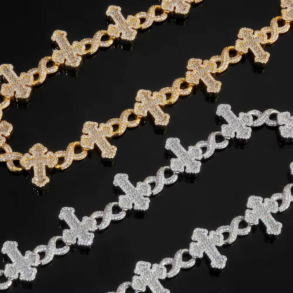 NUOYA Luxury 15MM Iced Out Pants Chain Silver Plated Cross and 8Character Infinite Design Bling moissanite Fine Hip Hop Jewelry Designer's style