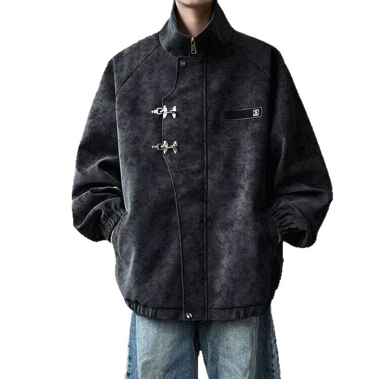 Tie-dye Gray New Chinese Style Leather Designer Jacket Jacket For Men Spring Coat Waterproof Windproof Stand Collar Buttoned Workwear Pilot Jacket
