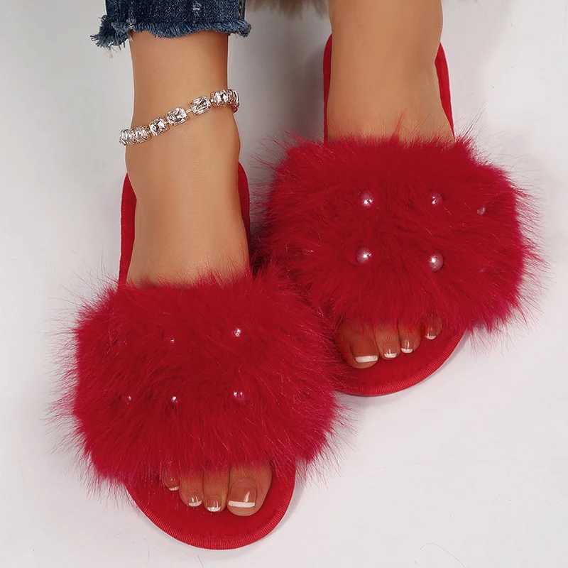 2025 Elegant Pearls Cotton Slippers for Women Winter Indoor Plush Home Slides Open Toe Soft Sole Cotton Slippers for Ladies H251030