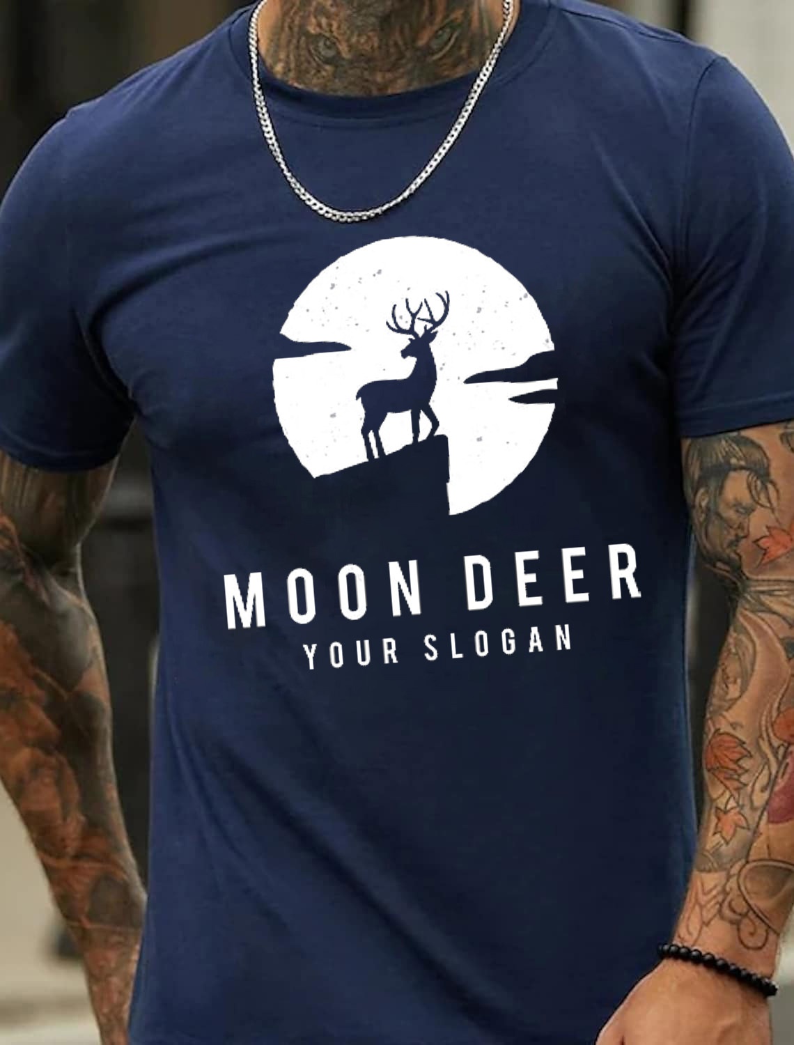 European and American Oversized Men's Cotton Summer T-Shirt with Deer Pattern Print Under the Moonlight - TT7191