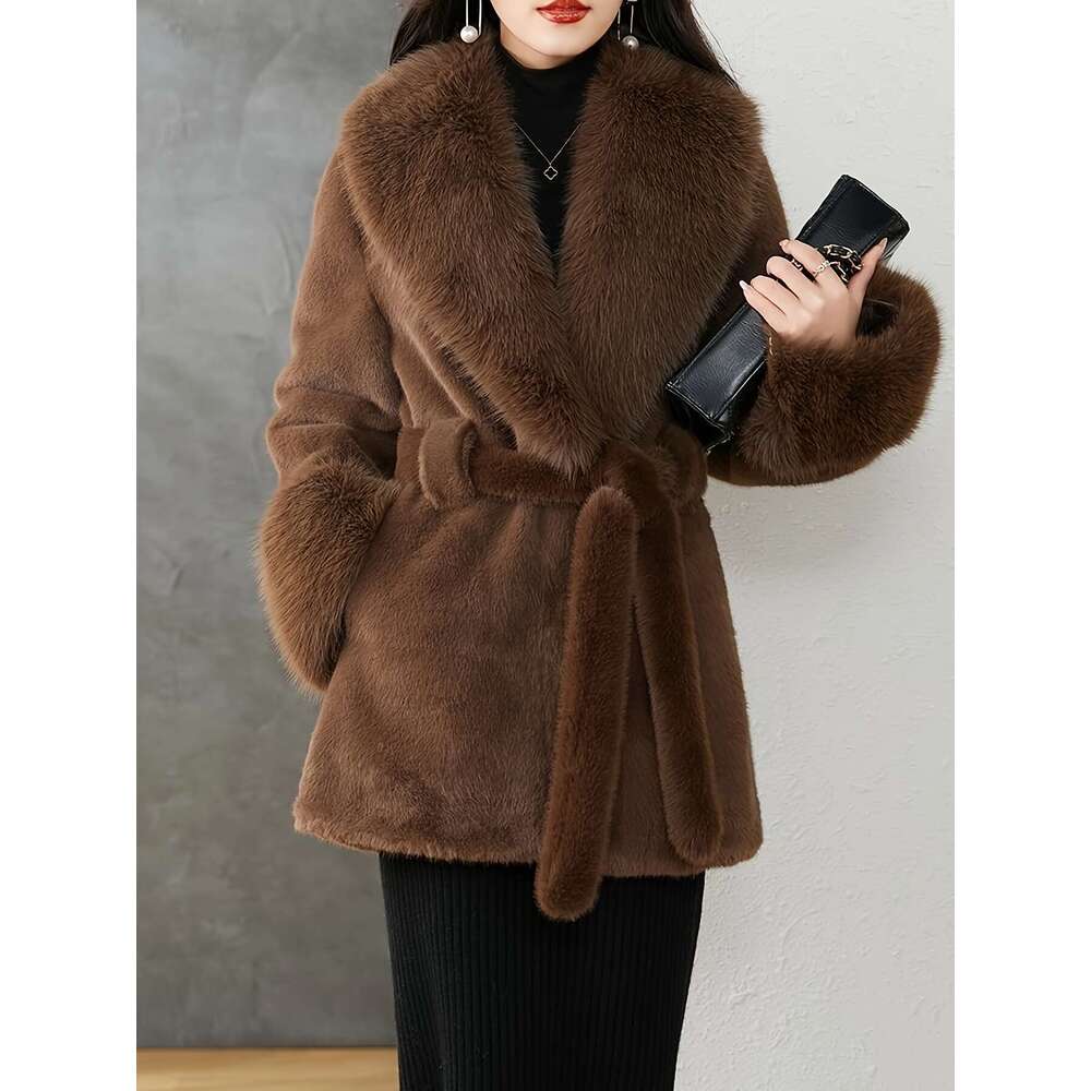 Women S Elegant Fur Lined Coat With Oversized Faux Fur Hood Imitation Grass Tie Belt Rich Brown Hand Wash Dry Clean Only Outerwear For Weather Winter