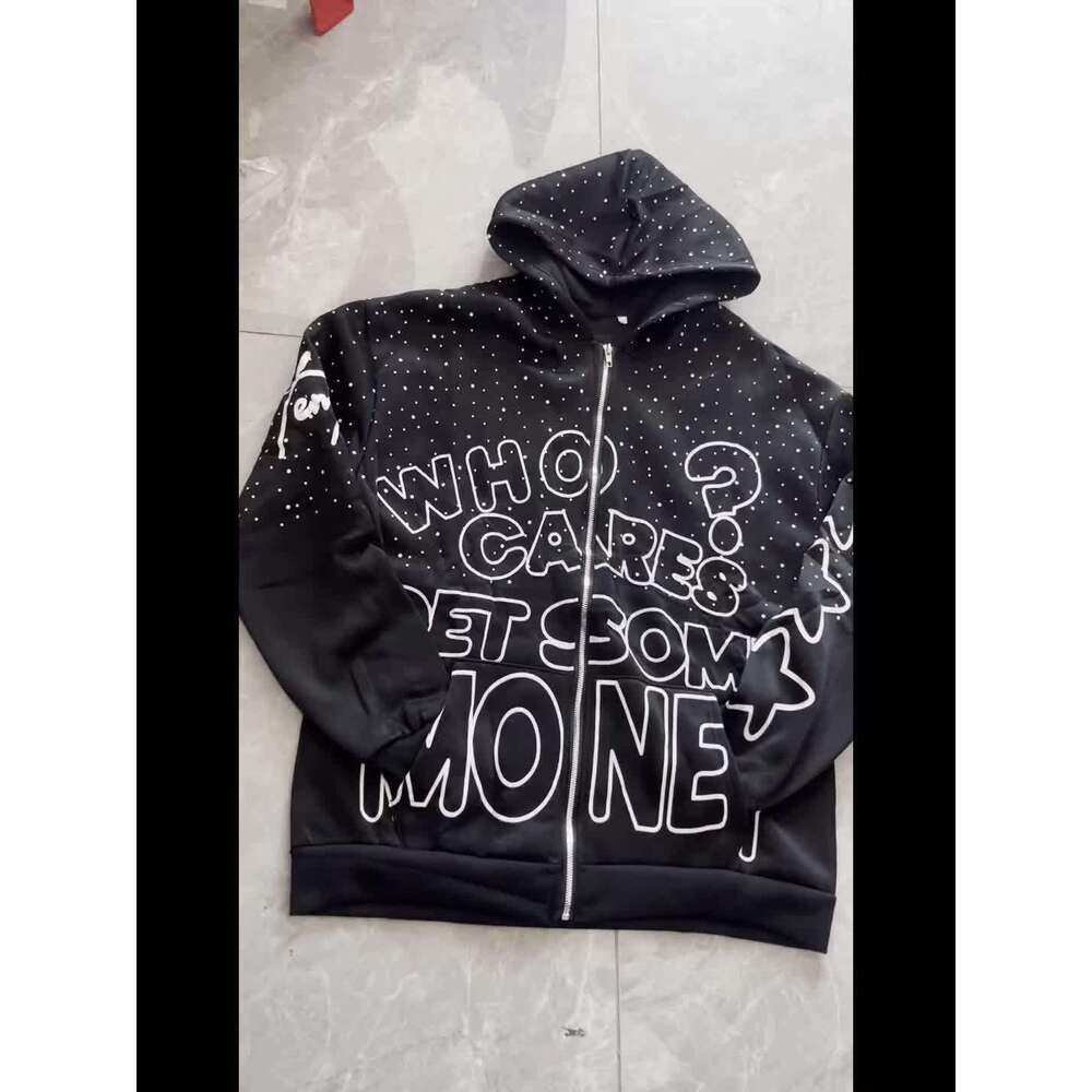 Men's Streetwear Rhinestone "Who Cares Get Some Money" Graphic, Hip Hop Full-Zip Sweatshirt With Pockets, Black & White Lettering, Fall