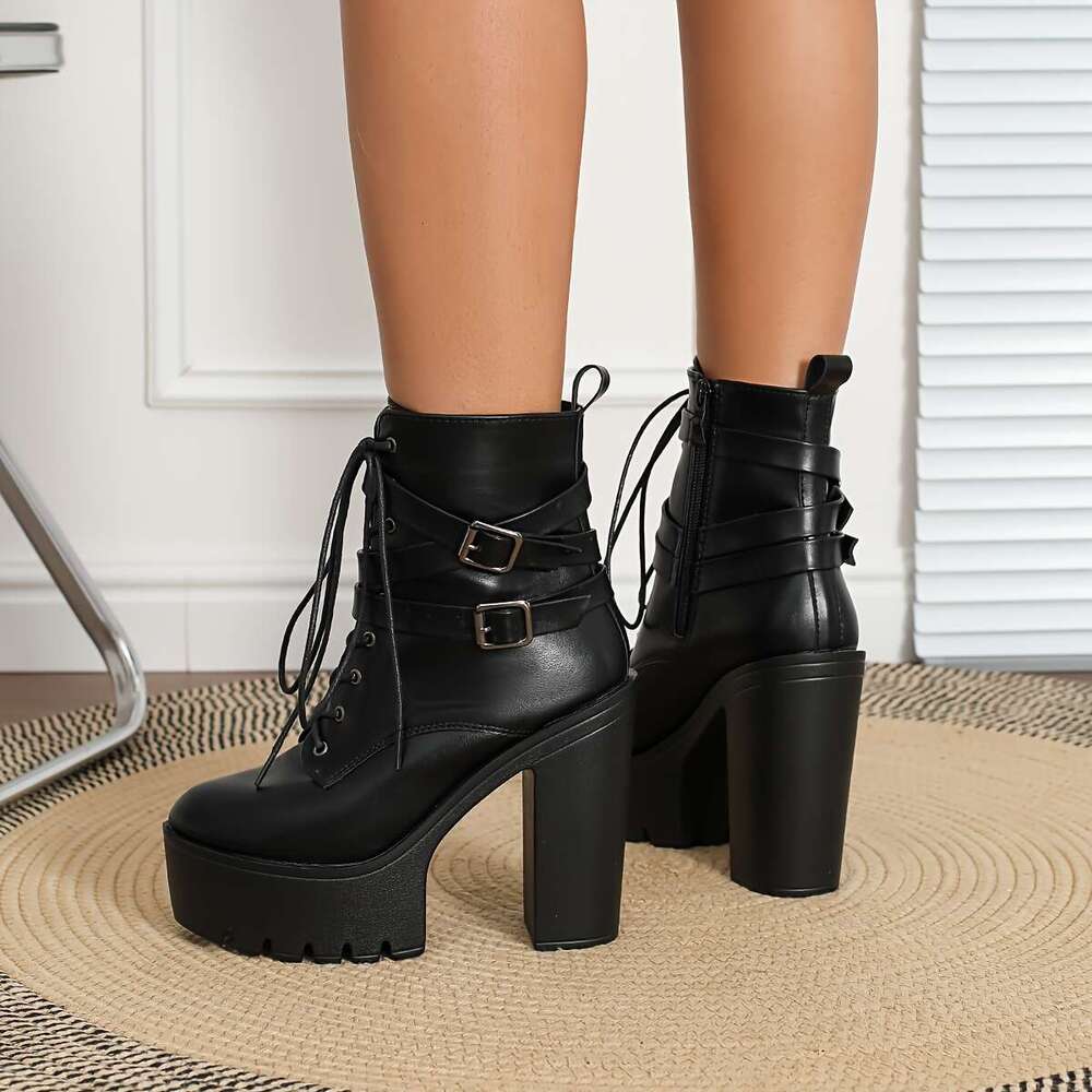Women's Round Toe Platform Ankle Boots Buckle Detail - Chunky High Heel Booties With Side Zipper, Non-Slip Sole, Fabric Insole, Man-Made Upper PU