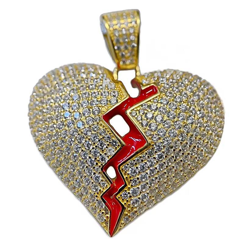 Hip Hop Pass Diamond Tester 925 Sterling Silver Bling Iced Out GRA VVS Moissanite Red Enamel Broken Heart Pendant for Men Women