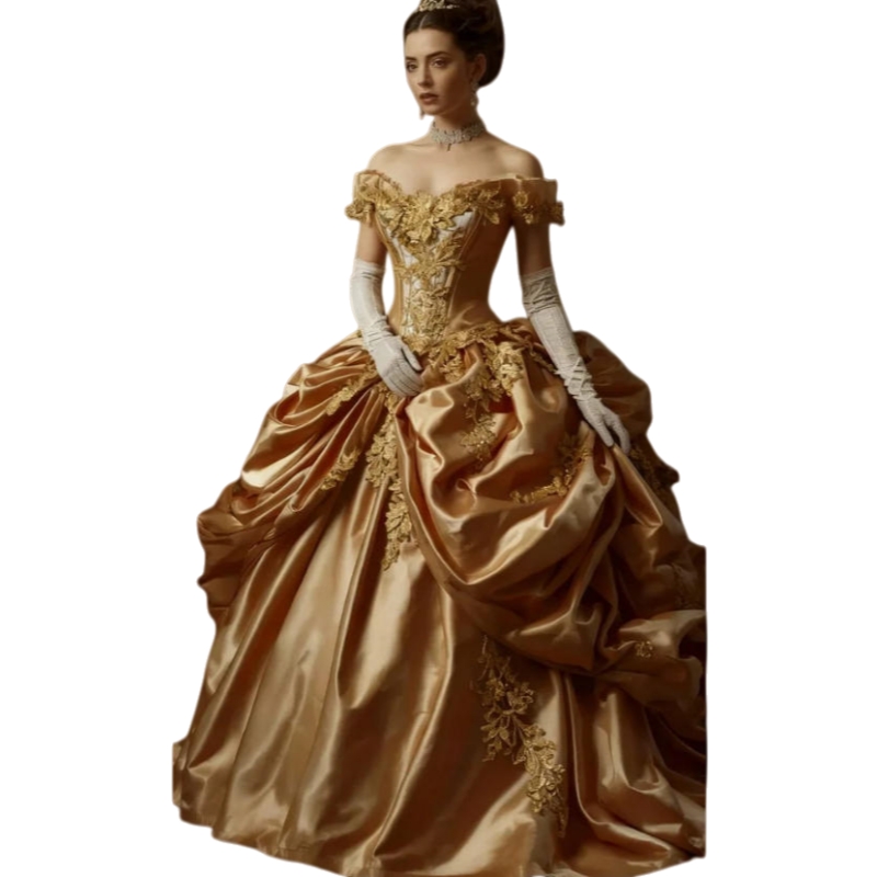 Vintage Victorian Gold Prom Dresses Ruched Bustle Taffeta Ball Gown Evening Dresses Medieval Baroque Women Costume Special Occasion Wear