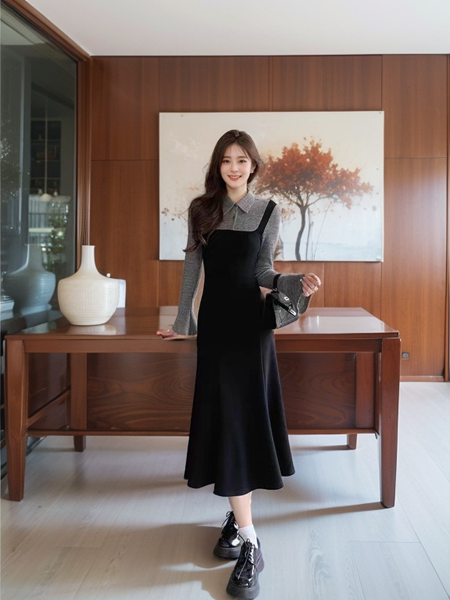 KD250 French Retro Faux Two-Piece Knit Patchwork Dress