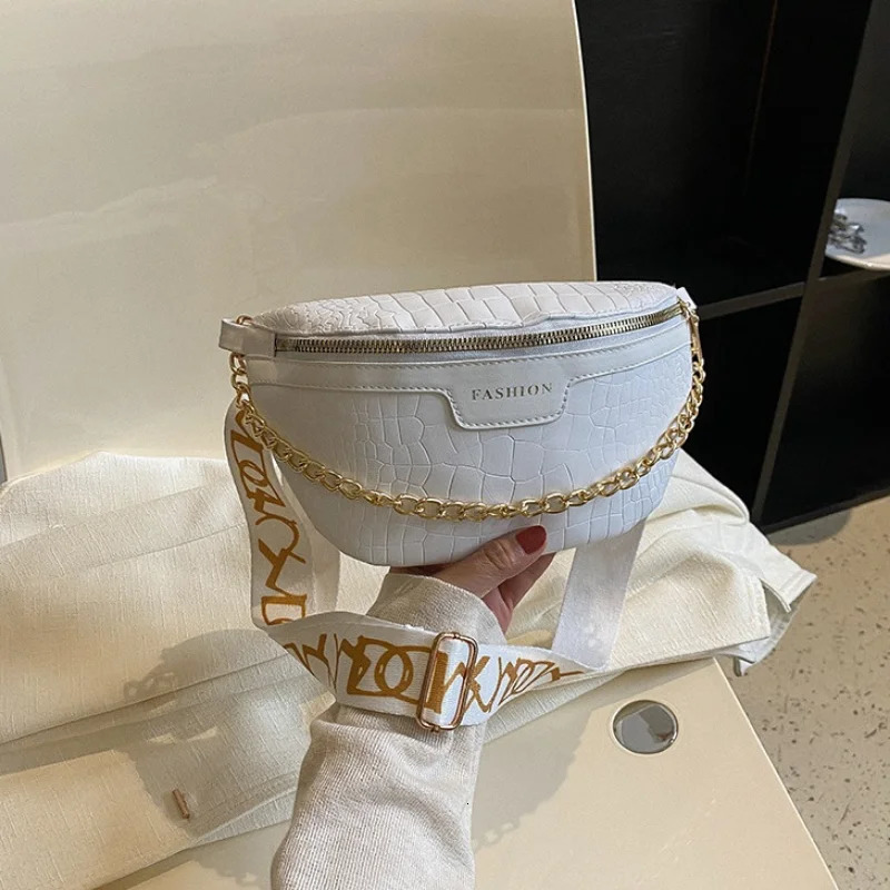 Vintage Pattern PU Fanny Packs For Women Elegant Chain Waist Bag Female Waist Pack Wide Strap Crossbody Chest Bag 251023