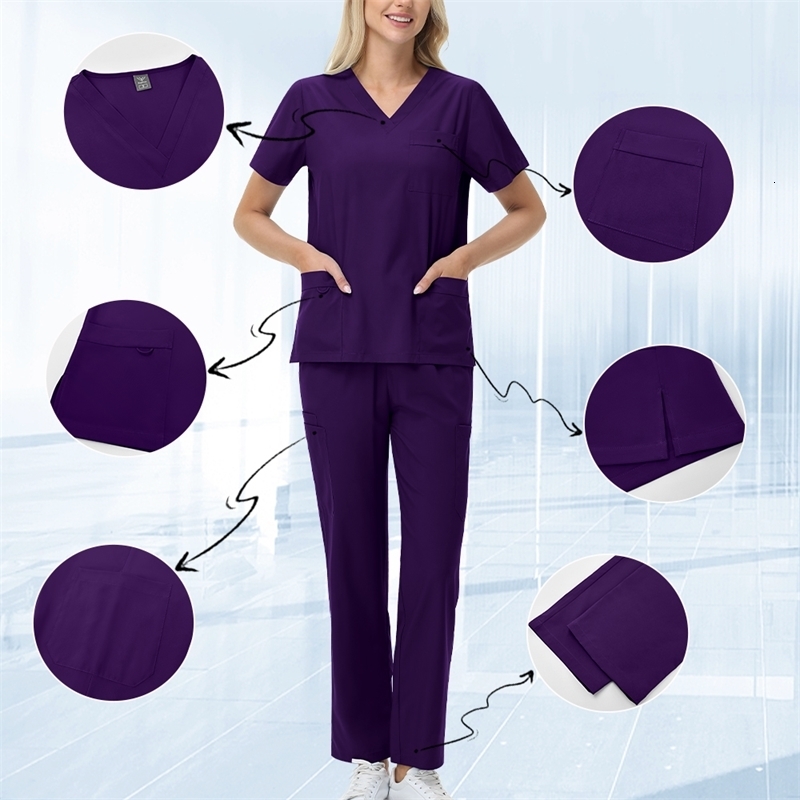Unisex Straight Pants Suit 2 Piece Suit Beauty Work Wear Uniforms Women Nurse Clothes Pockets Top Nursing Pants 251029