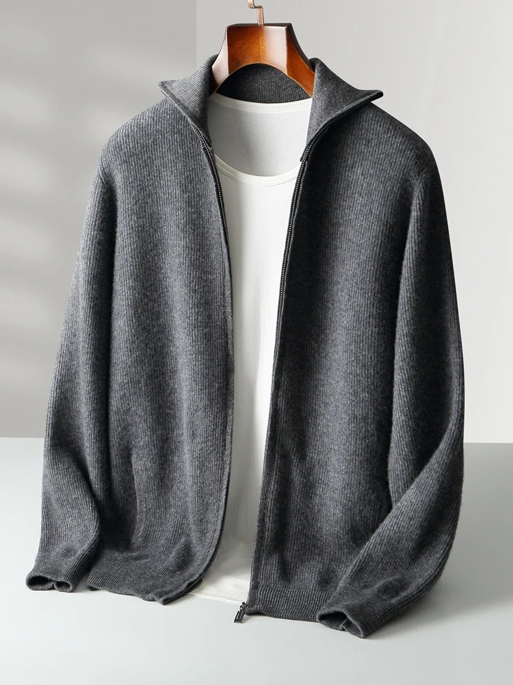 Autumn Winter 100 Merino Wool Cardigan Sweater Mens Turndown Collar Zipper Pocket Soild Smart Casual Knitwear Jackets Soft 251017