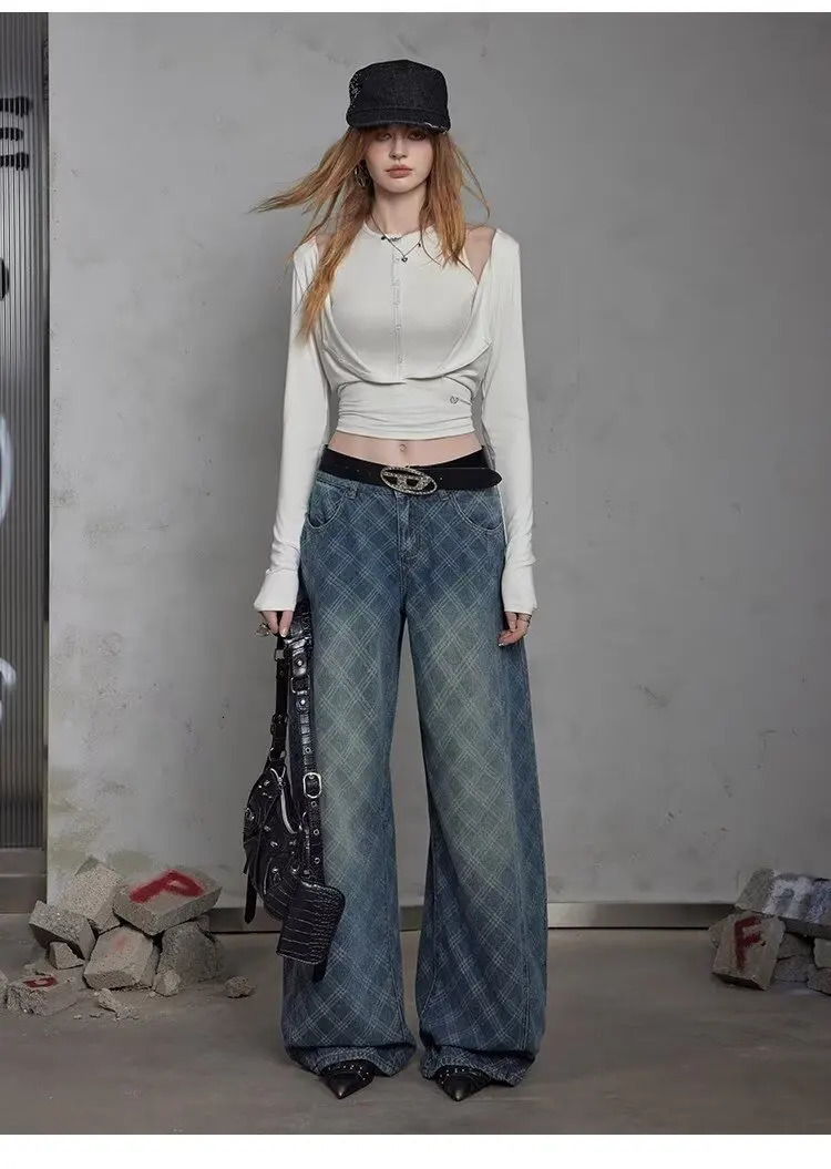 Grid Jeans American Casual Style Vintage Straightcut Loosefitting Highstreet Wideleg Pants Y2k Baggy Jeans Ladies Jean Woman 251029