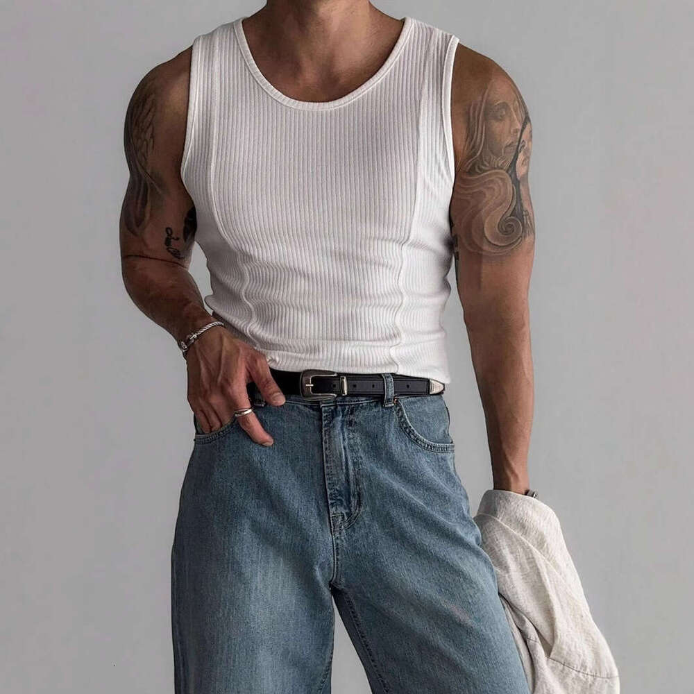 Summer Knitted Vertical Striped Fitness Sports Casual Slim Fit Tank Top Men's Sleeveless Wide Shoulder Vest Men