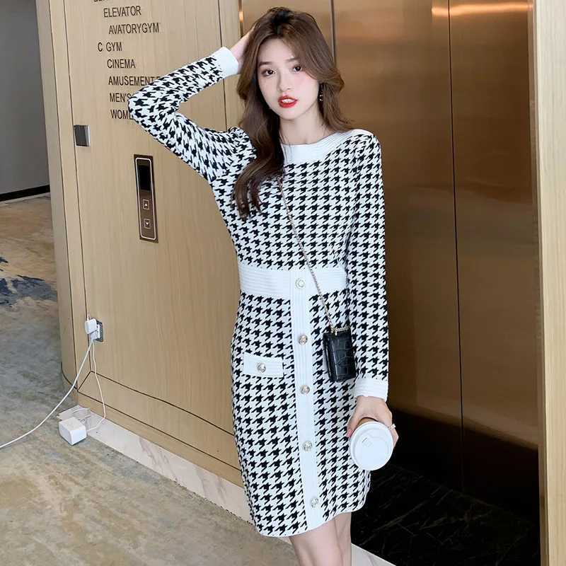 Women Houndstooth Knitted Dress Autumn Fashion Slash Neck Retro Knit Sweater Robe Work Strtwear Winter Chic Plaid Dress C251030
