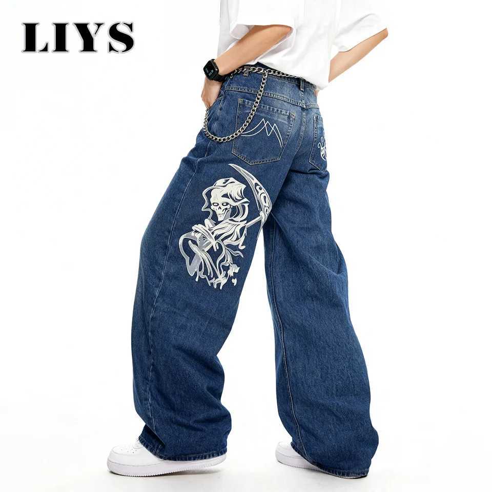 New Mens HipHop Skeleton Print Loose Straight Leg Jeans Autumn College Style Retro Blue Baggy Street Denim Pants Mens Clothes J251030