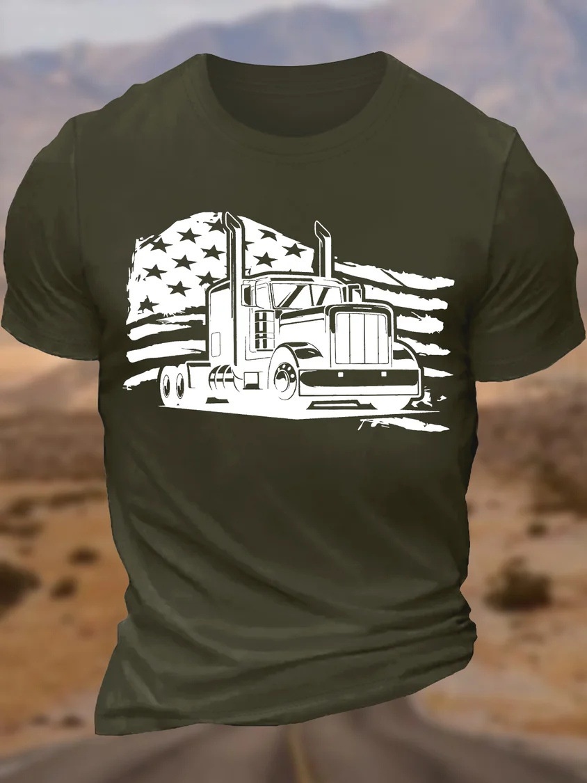 European & American Oversized Men's Flag Trucker Funny Crew Neck Casual Cotton Letter T-Shirt - TT7381