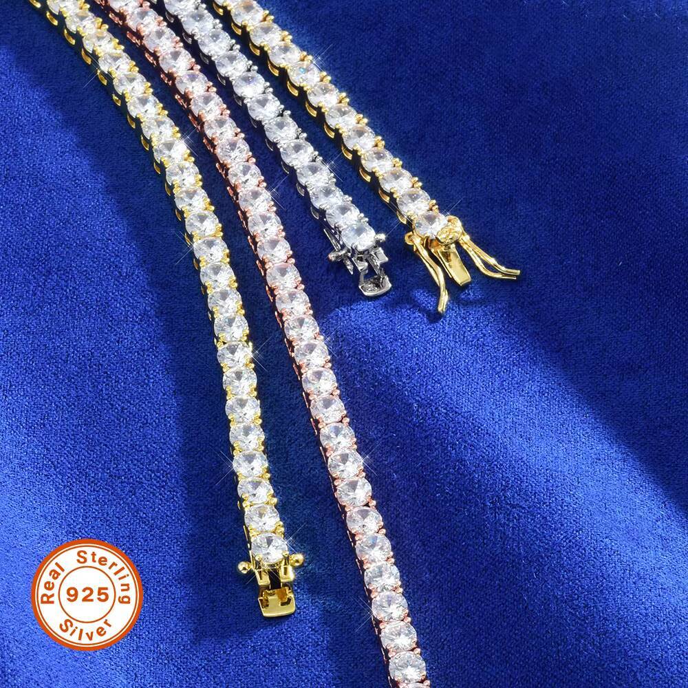 Unisex Fashion 4mm VVS Moissanite Diamond Tennis Bracelet Womens Men Gold 925 Sterling Silver Lab Grown Mossanite Necklace