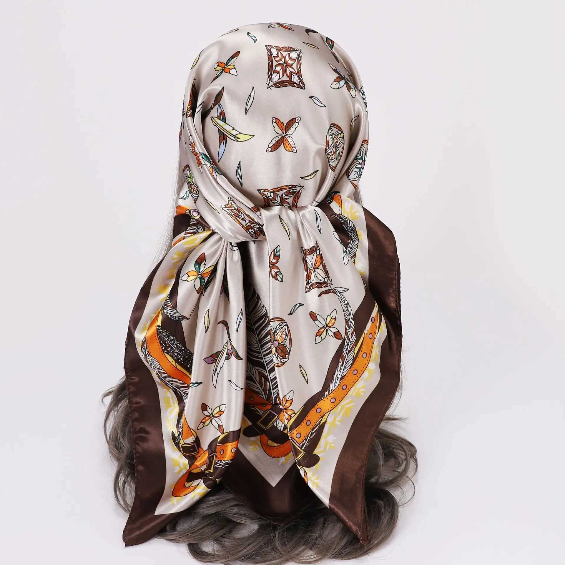 Faux Silk Scarf for Women 90x90cm Square Patterned Neck Wrap Lightweight Shawl Fashionable Head ScarfW251029