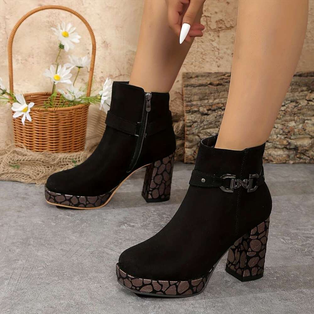 Women's Ankle Booties With Ultrahigh Block Heel, Square Toe, Fabric Upper & Lining, Zipper Closure, Man-Made Insole, Plastic Sole - Fashionable F