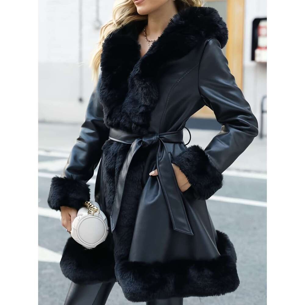 Women S Elegant Long PU Leather Hooded With Faux Fur Trim A Line Silhouette Brown Perfect For Fall Winter Stylish And Versatile Belt Detail Non Stretc