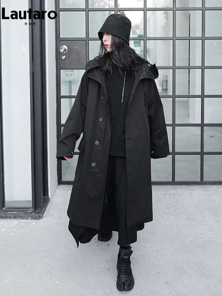 Lautaro Spring Autumn Long Oversized Black Trench Coat with Hood Dark Academia Aesthetic Clothes for Women 251029