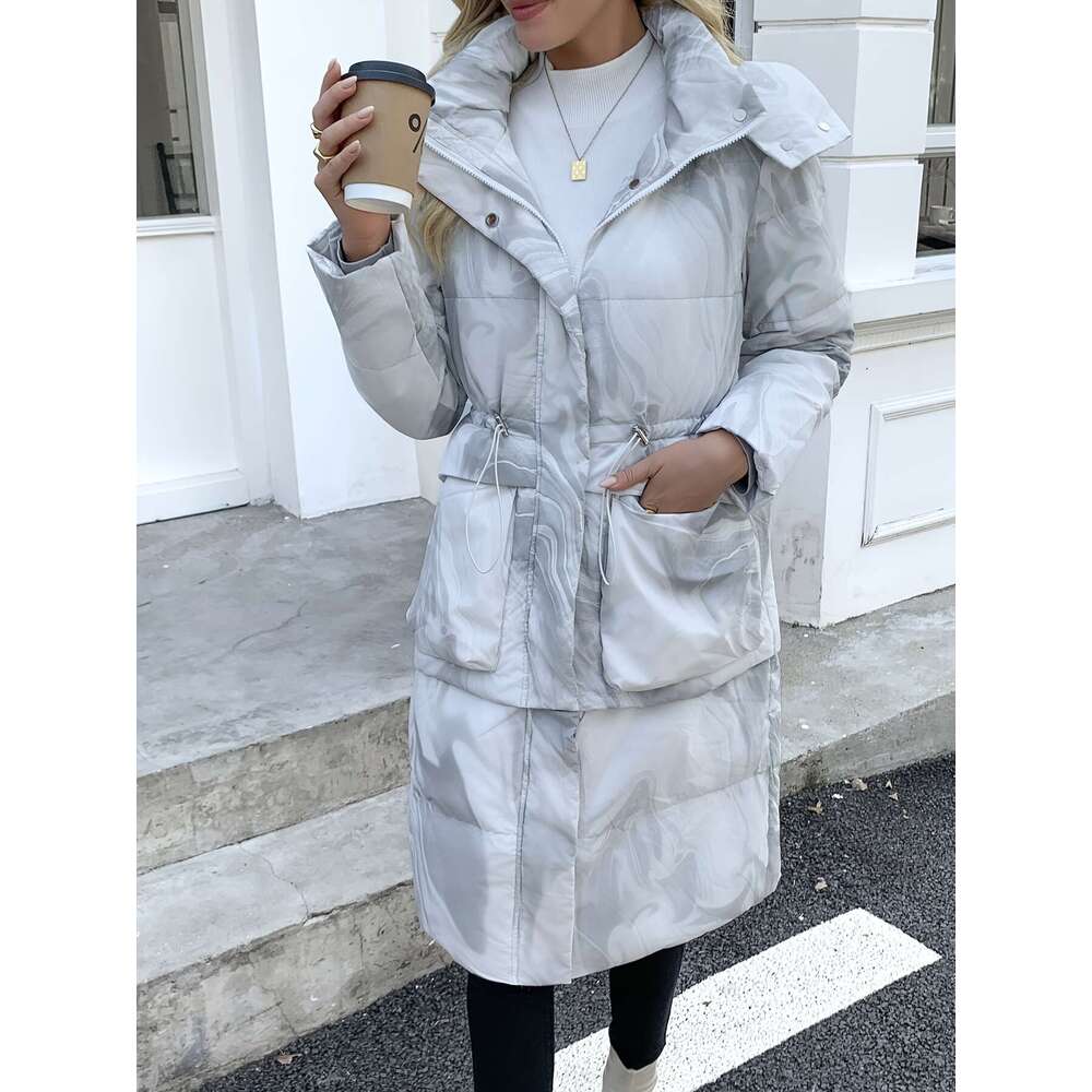 Women S Ink Print Hat Edge Fashionable Long Goose Vulley Jacket Hem Can Be Detached And Used For One Clothes