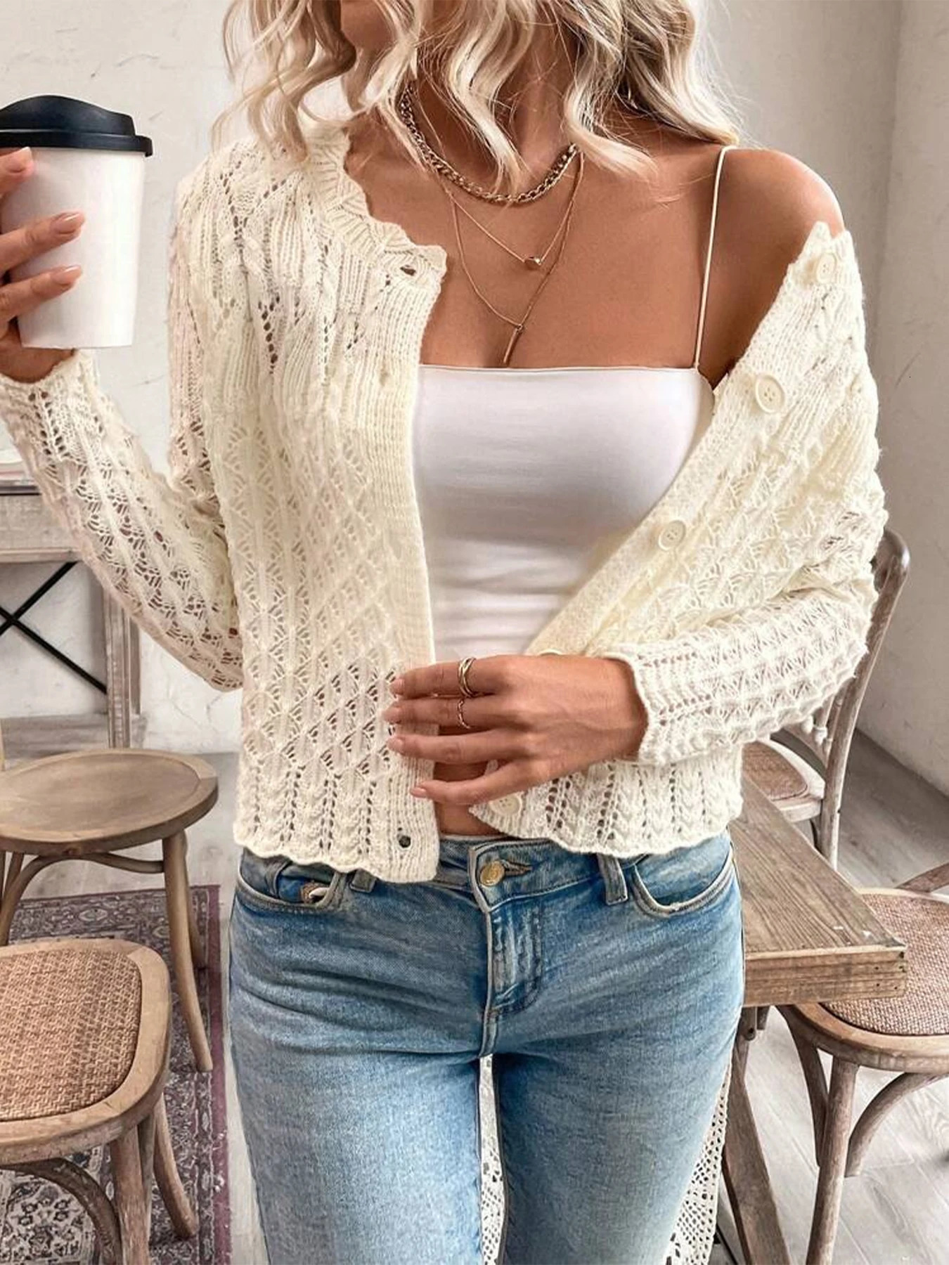 Spring and Autumn Womens Elegant Solid Color Round Neck Hollow Button Front Cardigan Sweater 251029
