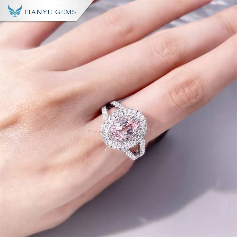 Tianyu Gems 6x85mm Oval Pink Lab Sapphire Ring Moissanite Diamond 10K 14k 18K White Gold Wedding Engagement Rings for Women