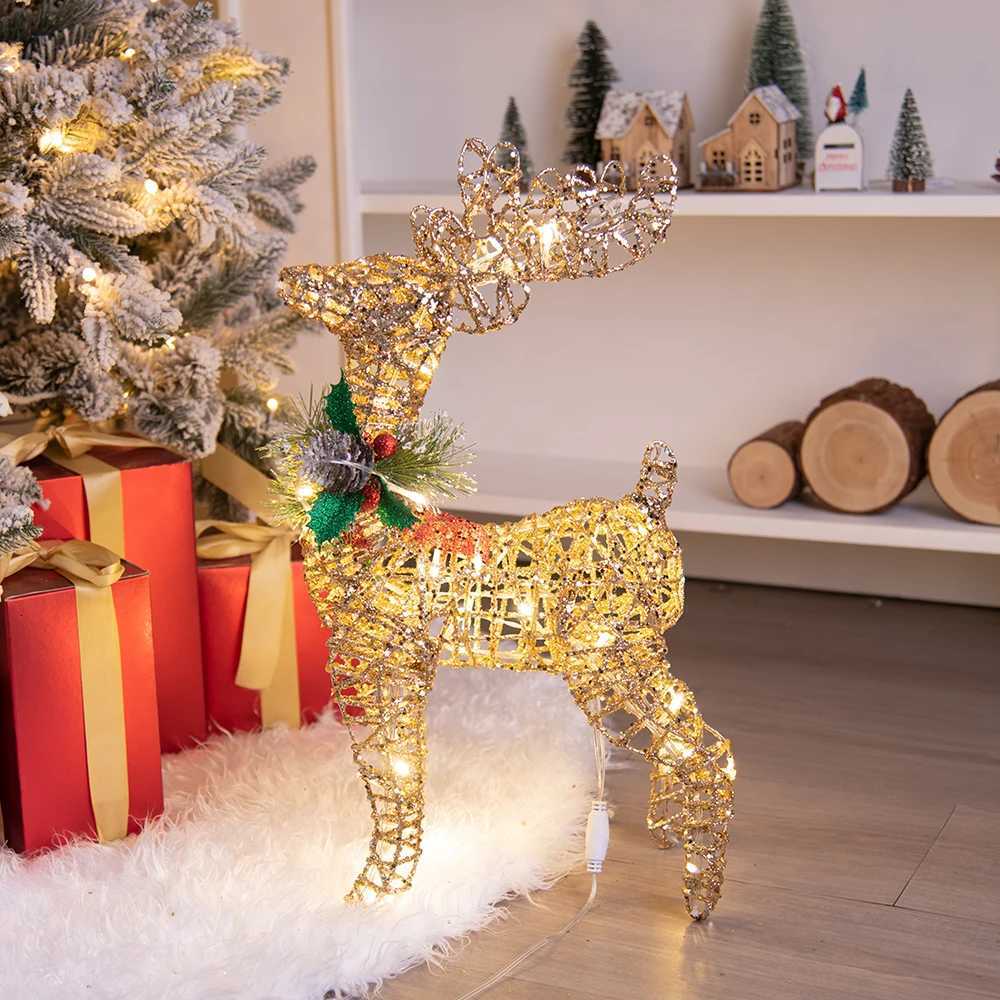 Christmas Iron Deer Ornaments Golden Reindeer Cart Elk Garden Decoration Christmas Tree Matching Scene Deer Light New Year Decor C251030