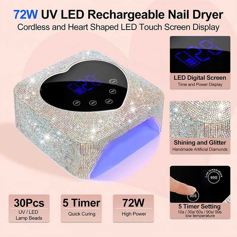 Rechargeable UV LED Nail Lamp 72W Cordless UV Light for Nails With Rhinestone Heart Shaped Manicure Pedicure Machine Nail Tools L251030