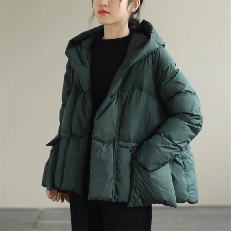 Loose Pocket Drawstring Short Duck Down Jacket Casual Winter Womens Zipper Hooded Solid Outerwear 251029
