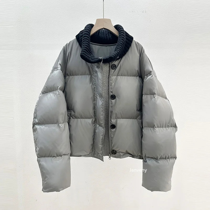 Winter Knit Half Polo Turtle Neck Cropped Puffer Jacket Women Thicken Warm Zipper Up White Duck Down Bread Coat 251023