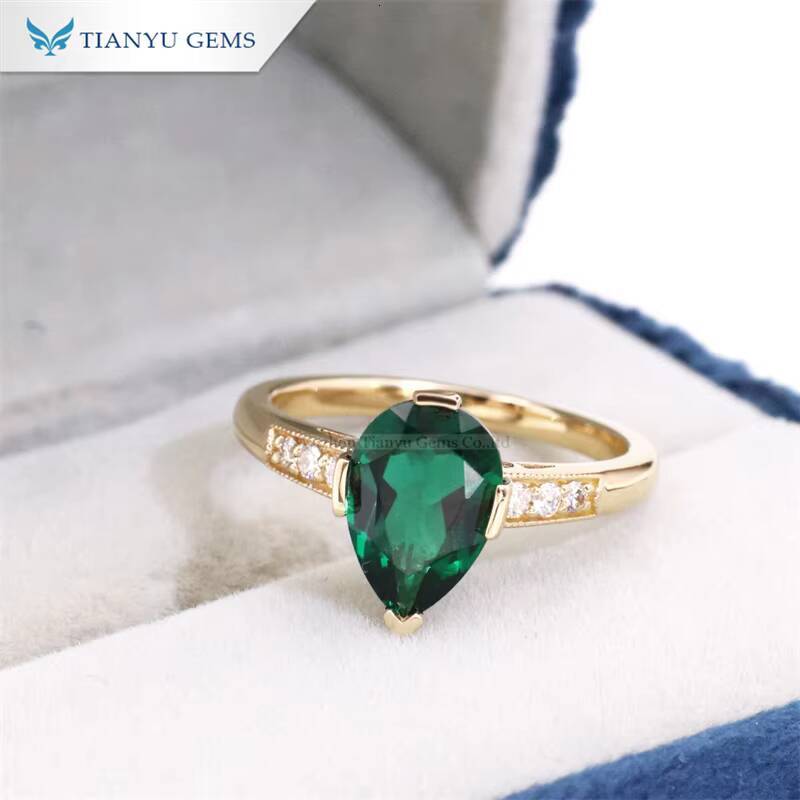 Tianyu Gems 10x7mm Pear Lab Emerald Ring Vintage Green Colombia Gemstones Engagement Rings Women 18k 14k 10k Yellow Gold Jewelry
