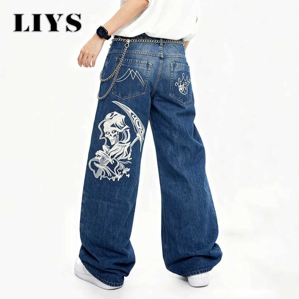 New Mens HipHop Skeleton Print Loose Straight Leg Jeans Autumn College Style Retro Blue Baggy Street Denim Pants Mens Clothes J251030