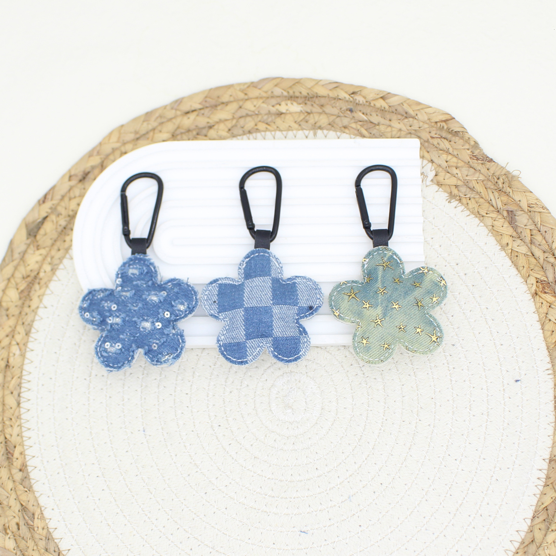 New Simple Denim Plaid Sequin Fabric Flower Keychain Bag Pendant Creative Accessories
