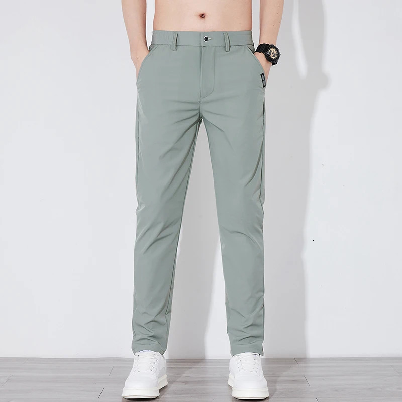 Summer Silk Stretch Smooth Trousers Men Business Elastic Waist Korean Classic Thin Cool Black Gray Casual Suit Pants Male 251028