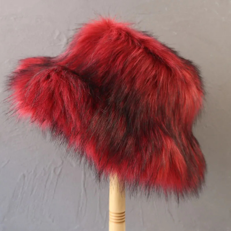 Women Fluffy Faux Fur Bucket Hats Retro Plush Warm Oversize Y2K Fisherman Hat Thickened Imitation Raccoon Fur Winter Hat 251028