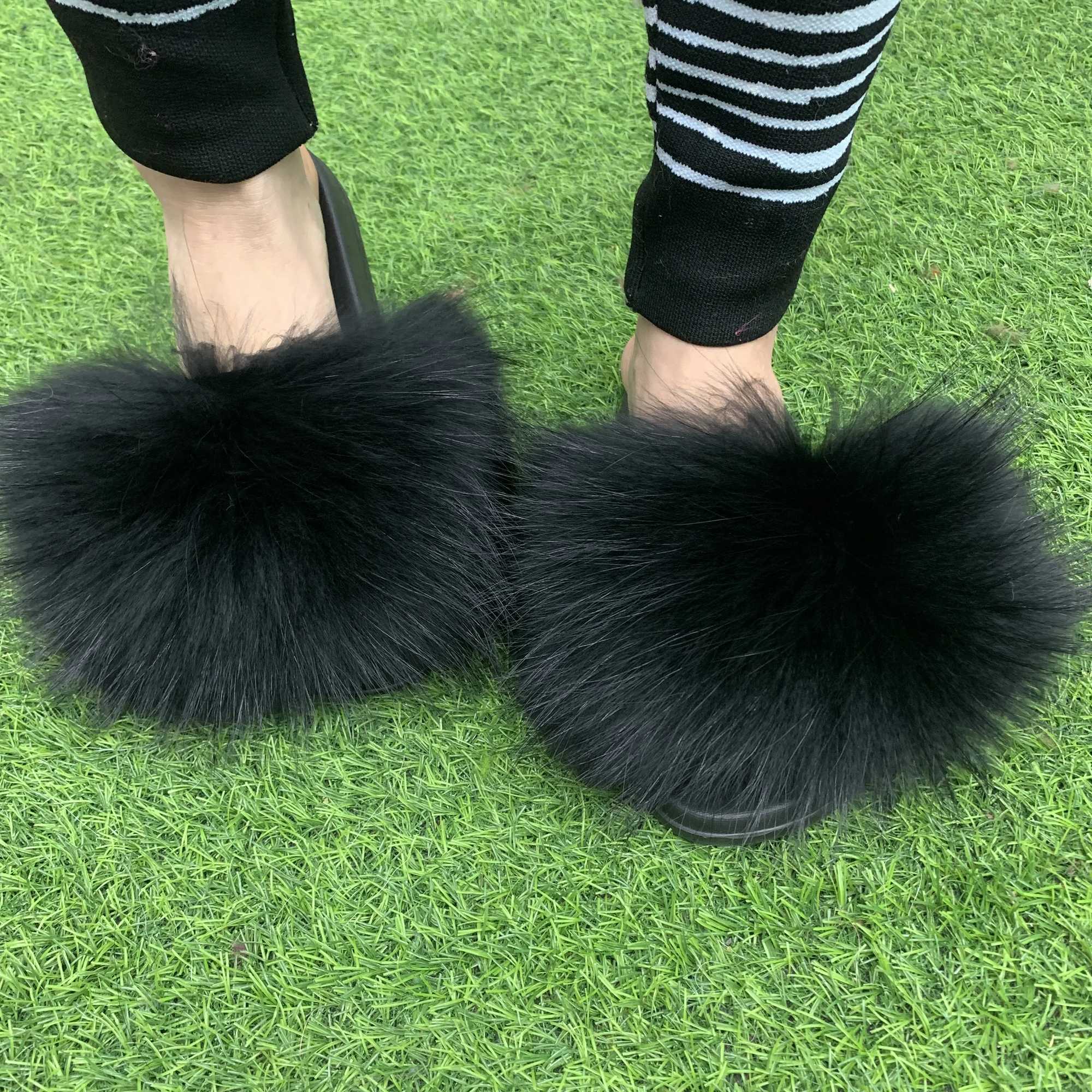 Fluffy Furry Fur Slippers Real Fox Fur Slides For Women Summer PVC Sole Flip Flops Sandals Women Open Toe Shoes Slippers H251030