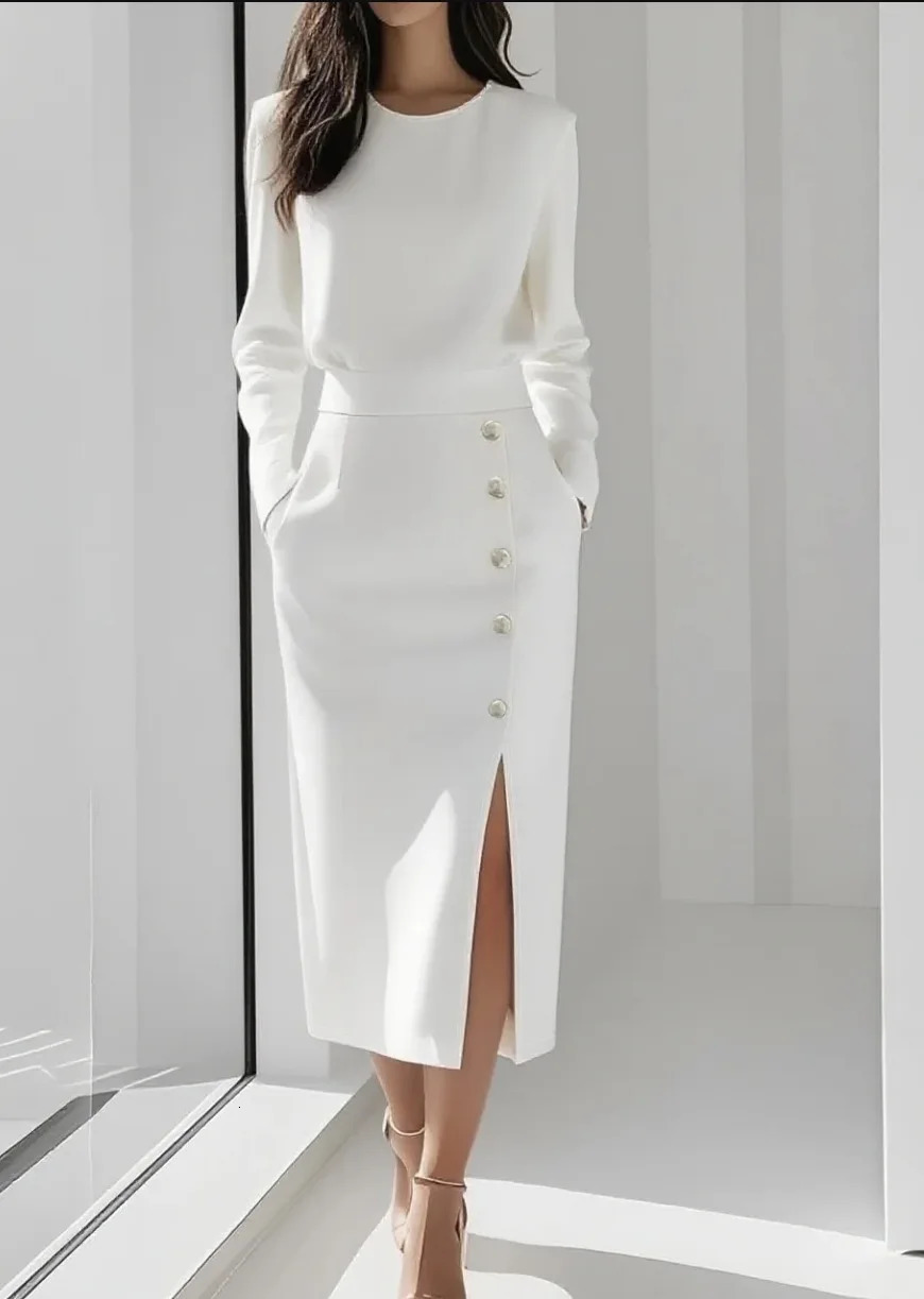 Womens Solid Color Long Sleeves Elegant Midi Dress with Button Details and Side Slit Crew Neck 251027