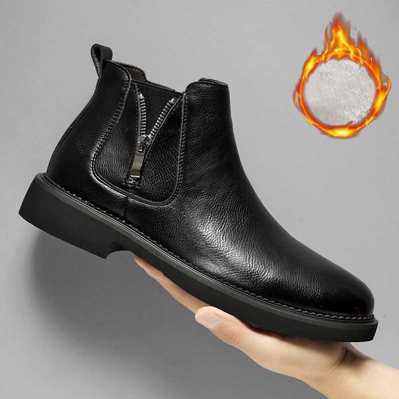 2025 Winter Genuine Leather Shoes Mens Fashion Chelsea Boots Warm Plush British Style Cow Leather Brand Male Footwear D560 Z251029