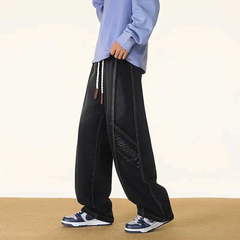 Mens Denim Washed Retro Spliced Oversized Autumn And Winter American Woven Leather Handsome Straight Leg Casual Wide Leg Pants J251030