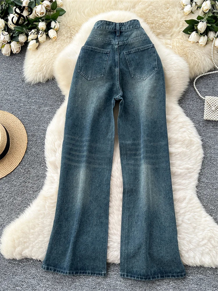 SINGREINY American Retro Diamonds Jeans Female High Waist Pockets Zipper Wide Legs Trousers Streetwear Loose Denim Long Pants 251029